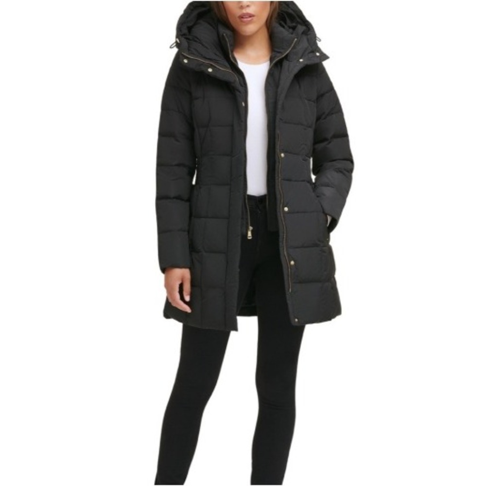 Cole Haan Black Quilted Down Puffer Coat w/liner Hooded Winter Gorpcore Parka M